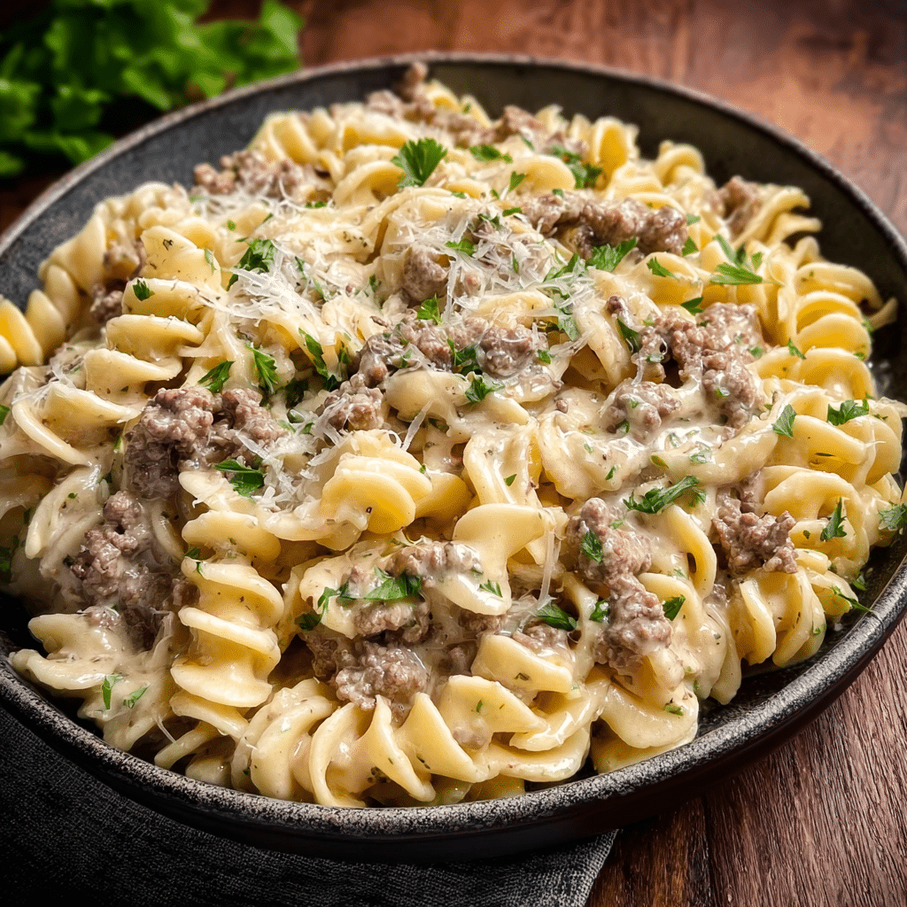 Creamy Ground Beef Alfredo Pasta