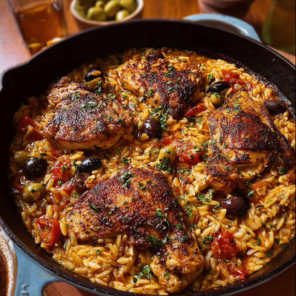 Mediterranean Chicken and Orzo Skillet