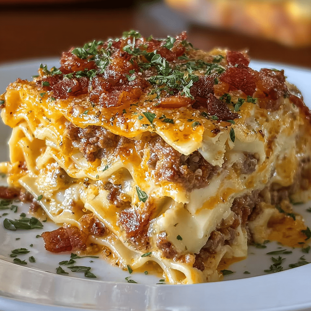 Parmesan Garlic Cheeseburger Lasagna with Bacon
