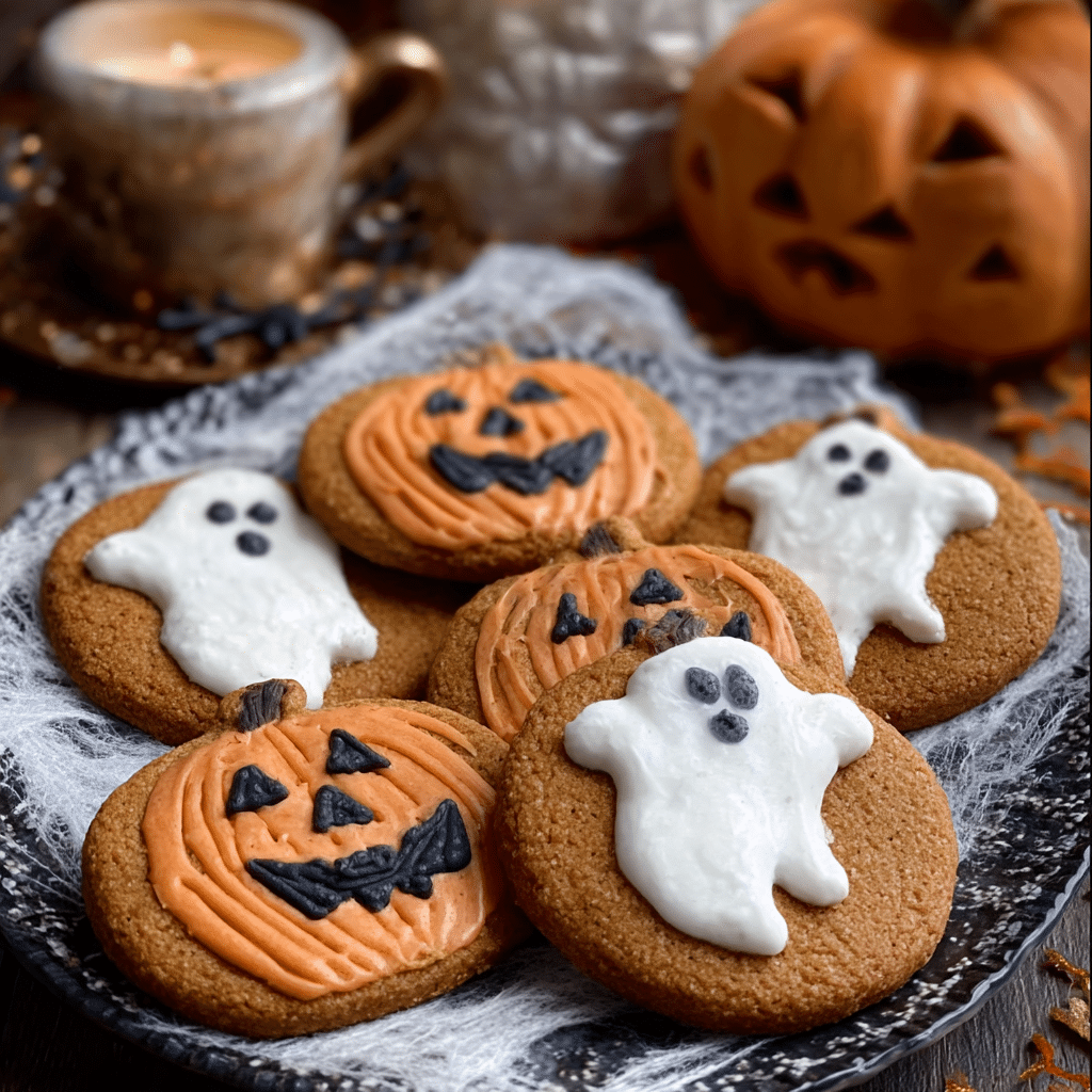 Halloween Pumpkin Cookies with Ghost Decorations