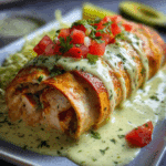 Baked Chicken Burritos with Creamy Green Chile Sauce