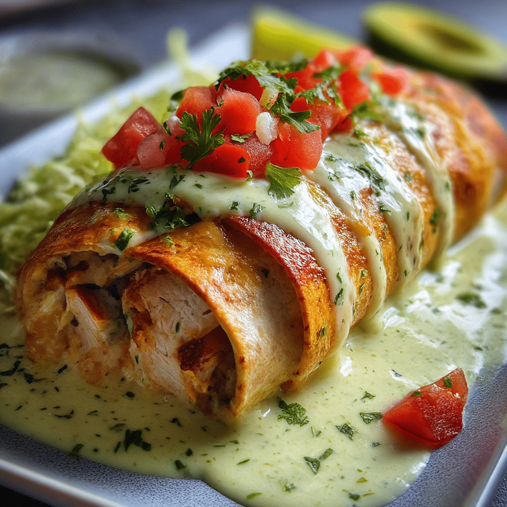 Baked Chicken Burritos with Creamy Green Chile Sauce