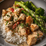 Creamy Chicken & Veggie Rice Bowl with Garlic Asparagus
