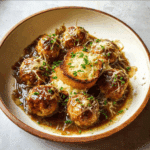 French Onion Chicken Meatballs with Gruyère Toast