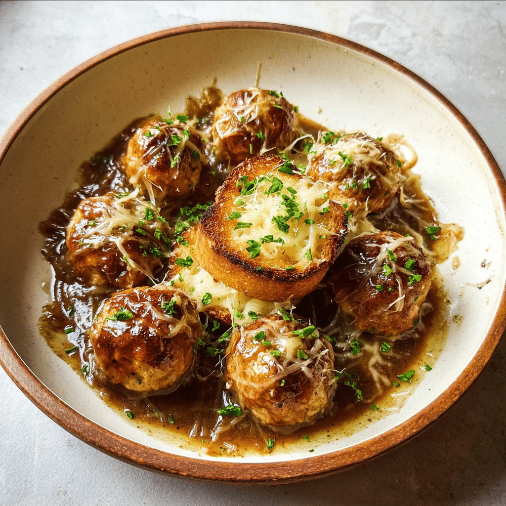 French Onion Chicken Meatballs with Gruyère Toast
