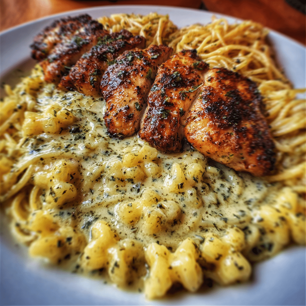 Garlic Butter Chicken with Creamy Three-Cheese Spaghetti