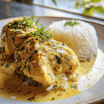 Golden Coconut-Lime Chicken in Creamy Sauce with Steamed Jasmine Rice