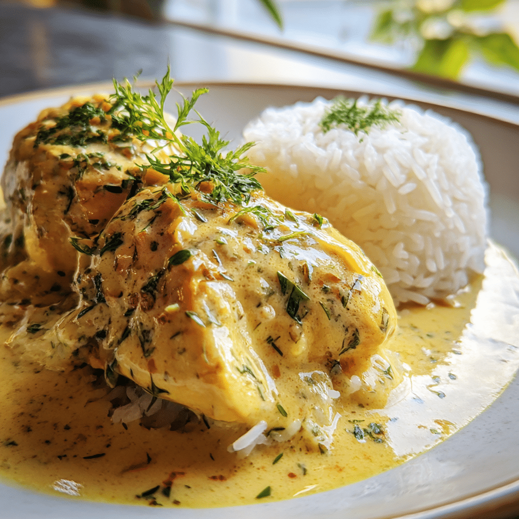 Golden Coconut-Lime Chicken in Creamy Sauce with Steamed Jasmine Rice