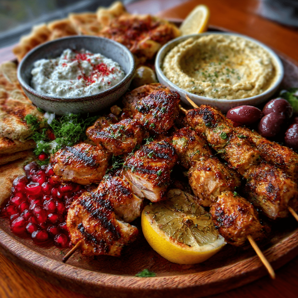 Greek Chicken Mezze Platter with Pomegranate Drizzle