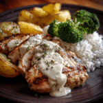 Grilled Chicken with Creamy Sauce, Rice, Roasted Potatoes & Broccoli