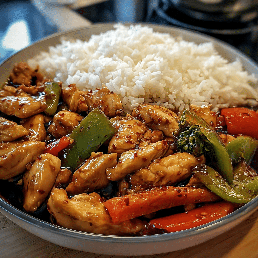 Savory Chicken Stir-Fry with Garlic Veggies & Steamed Rice
